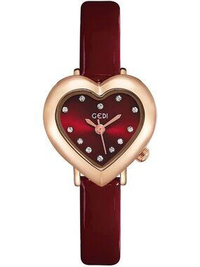 Women's Red Heart Shape Case Diamonds Leather Strap Quartz Waterproof Wristwatch